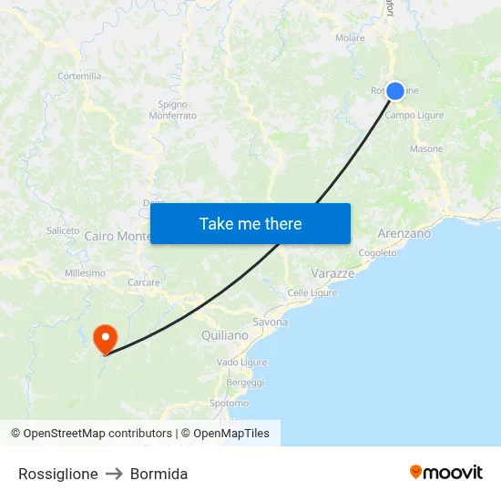 Rossiglione to Bormida map