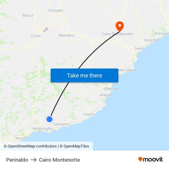 Perinaldo to Cairo Montenotte map