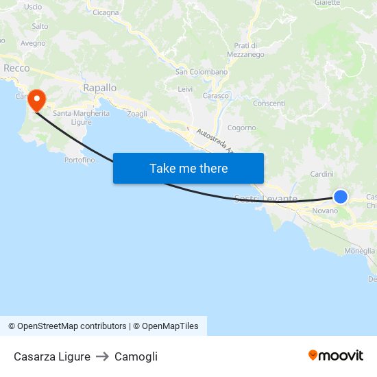 Casarza Ligure to Camogli map