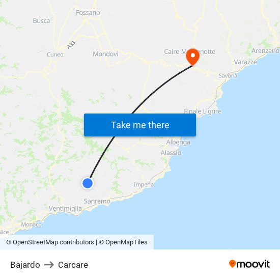 Bajardo to Carcare map