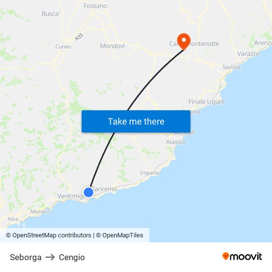 Seborga to Cengio map
