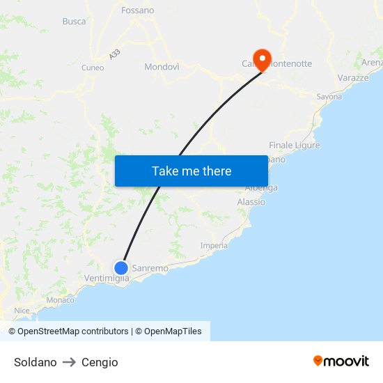 Soldano to Cengio map