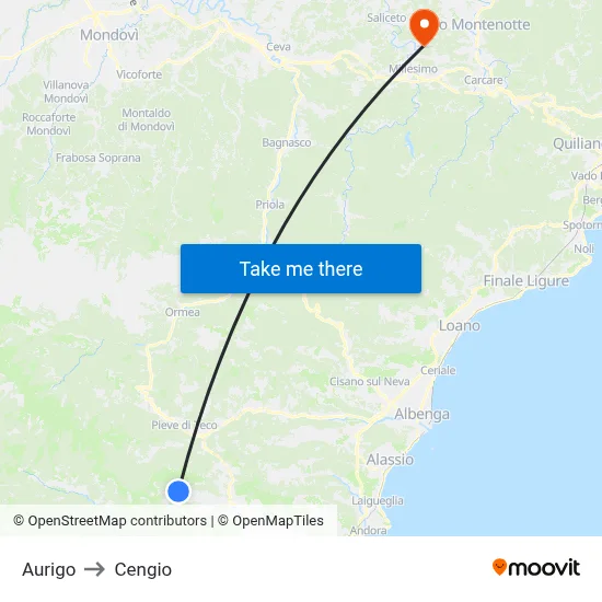 Aurigo to Cengio map