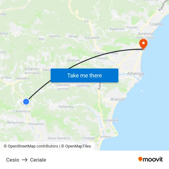 Cesio to Ceriale map