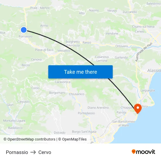 Pornassio to Cervo map