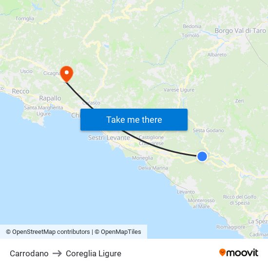 Carrodano to Coreglia Ligure map