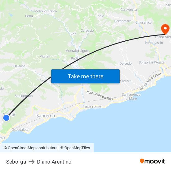 Seborga to Diano Arentino map