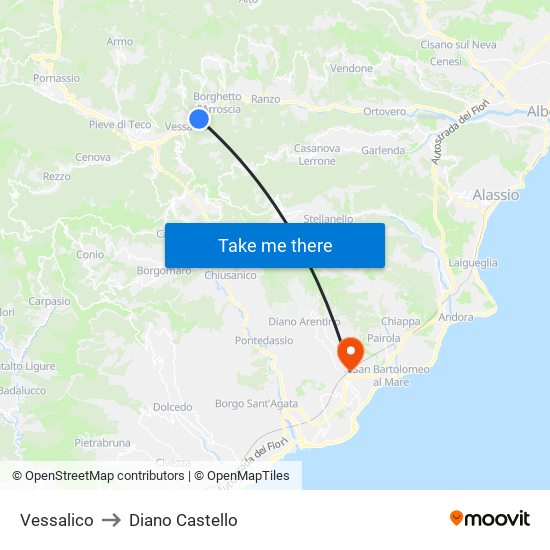 Vessalico to Diano Castello map