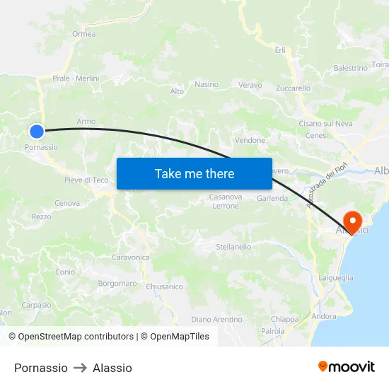 Pornassio to Alassio map