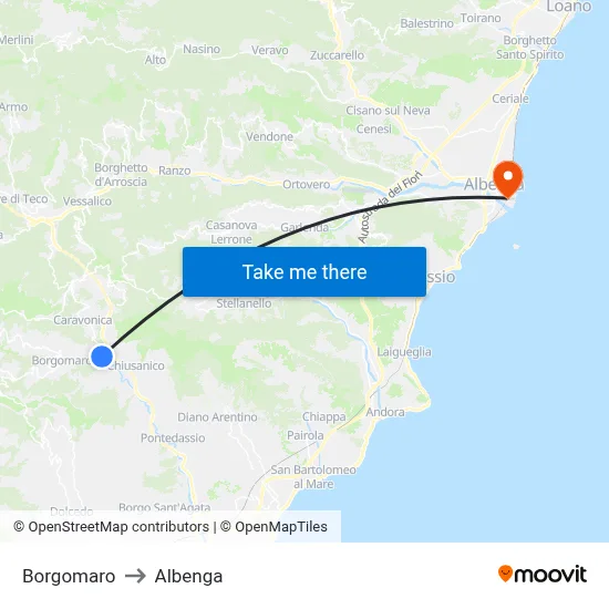 Borgomaro to Albenga map