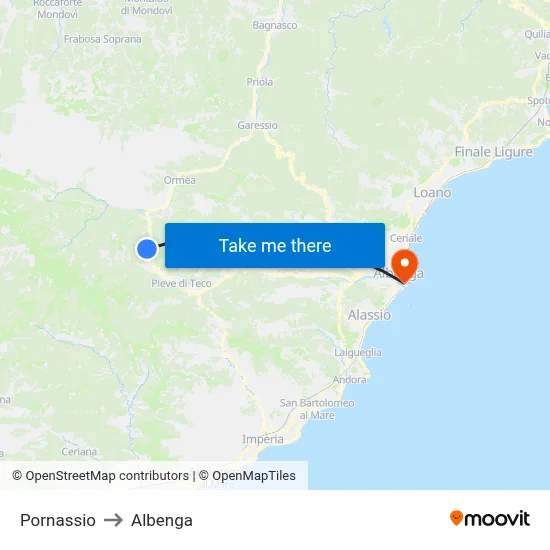 Pornassio to Albenga map