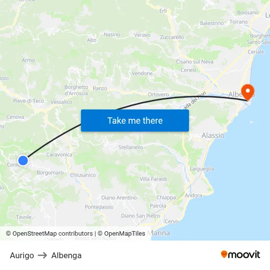 Aurigo to Albenga map