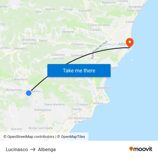 Lucinasco to Albenga map