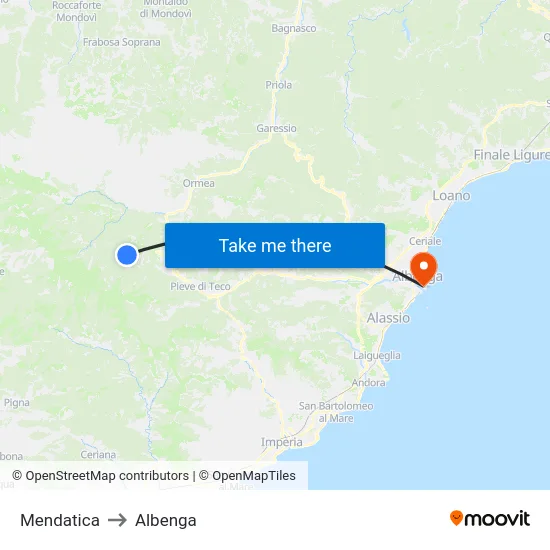 Mendatica to Albenga map