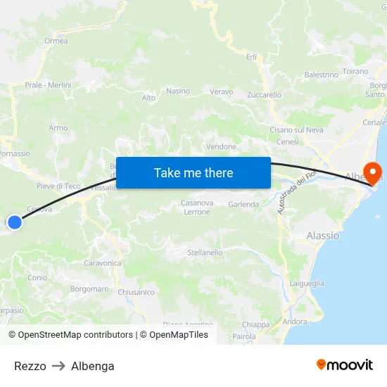 Rezzo to Albenga map
