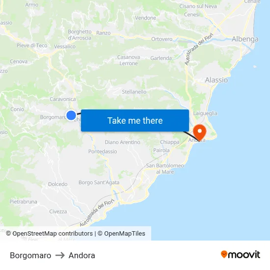Borgomaro to Andora map