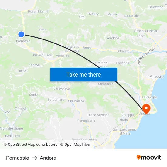 Pornassio to Andora map