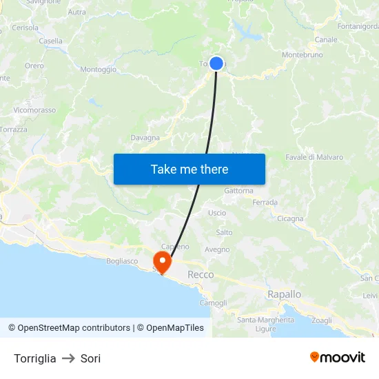 Torriglia to Sori map