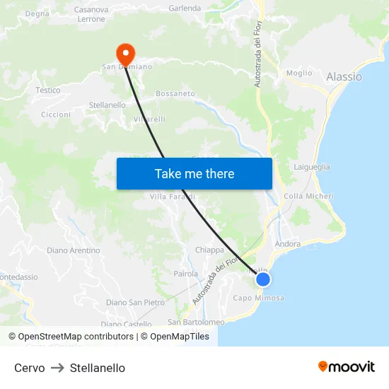 Cervo to Stellanello map