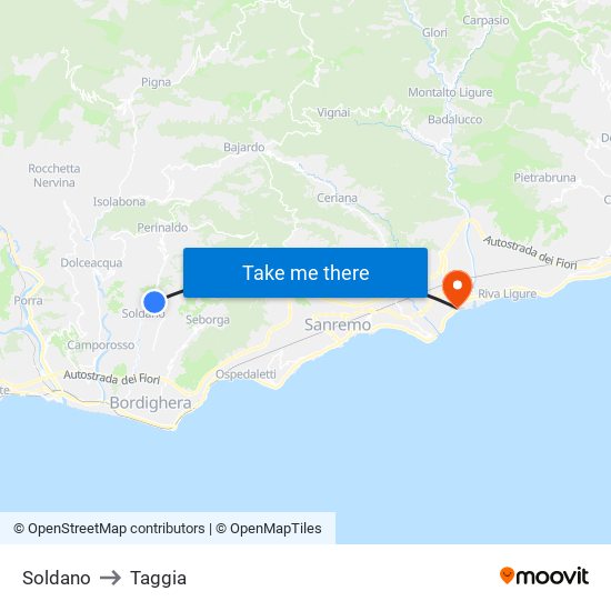 Soldano to Taggia map