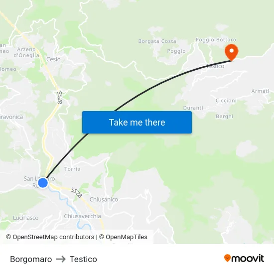Borgomaro to Testico map