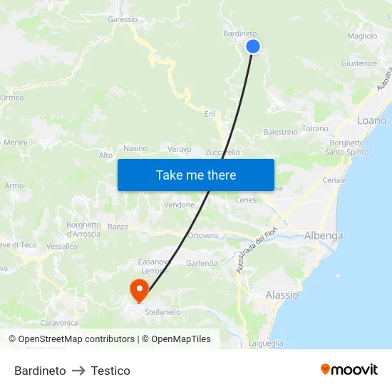 Bardineto to Testico map