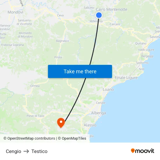 Cengio to Testico map