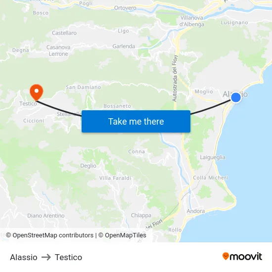 Alassio to Testico map