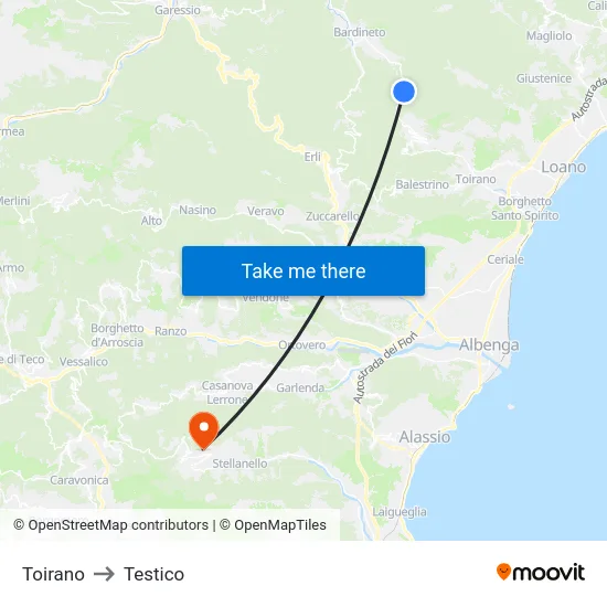 Toirano to Testico map