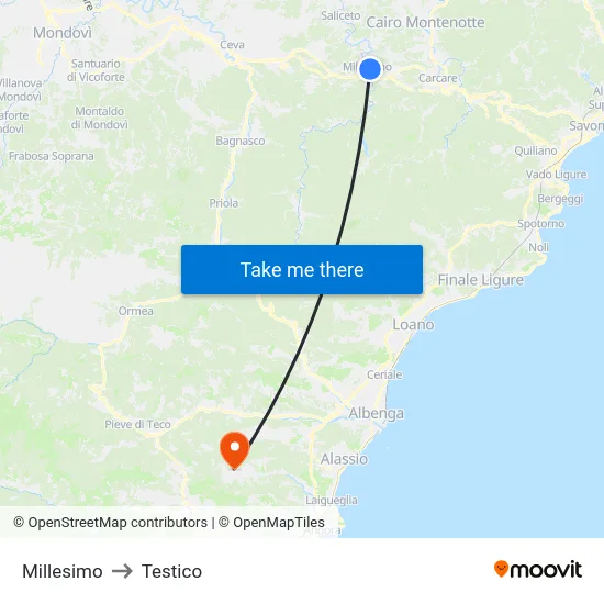 Millesimo to Testico map