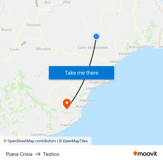 Piana Crixia to Testico map
