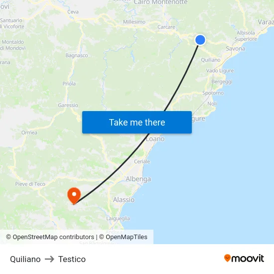 Quiliano to Testico map