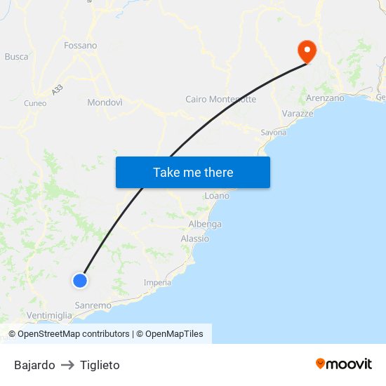 Bajardo to Tiglieto map