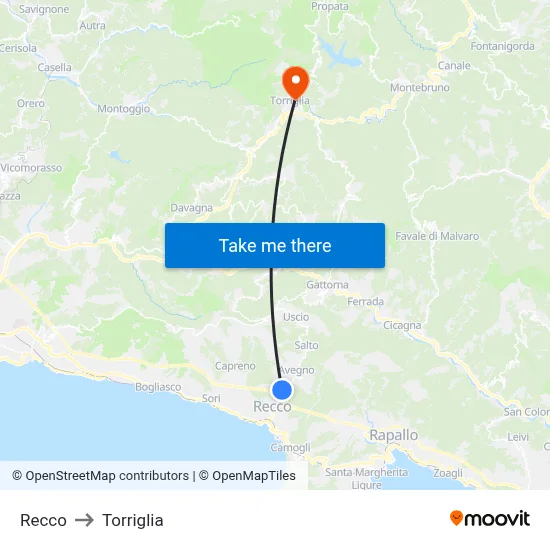 Recco to Torriglia map