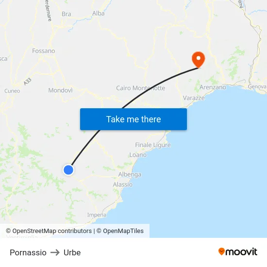 Pornassio to Urbe map