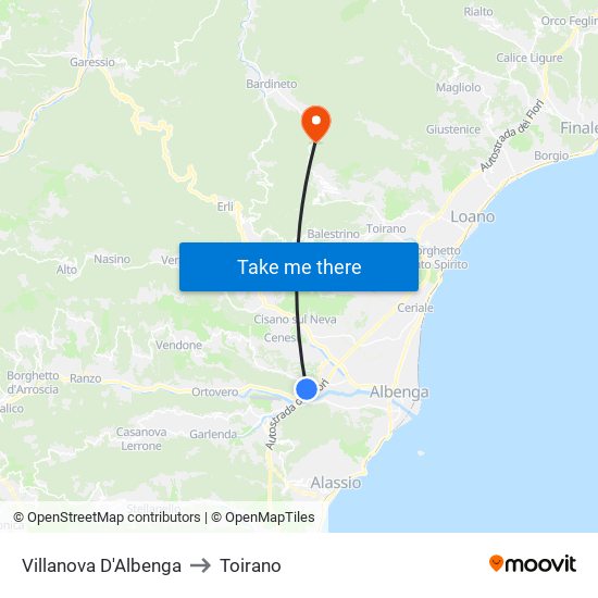Villanova D'Albenga to Toirano map