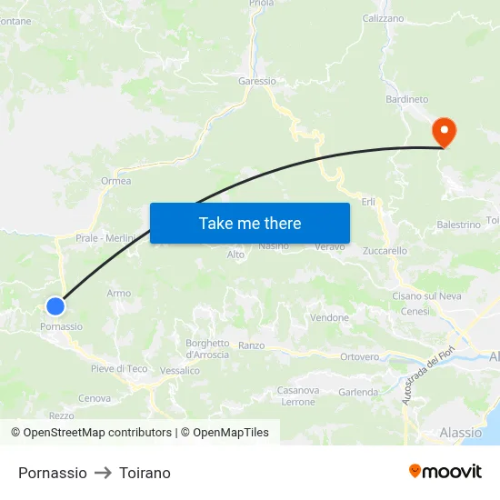 Pornassio to Toirano map