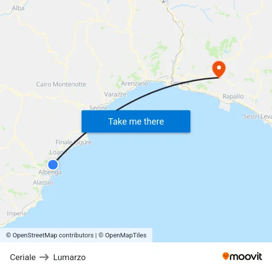 Ceriale to Lumarzo map