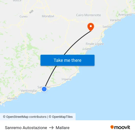 Sanremo Autostazione to Mallare map