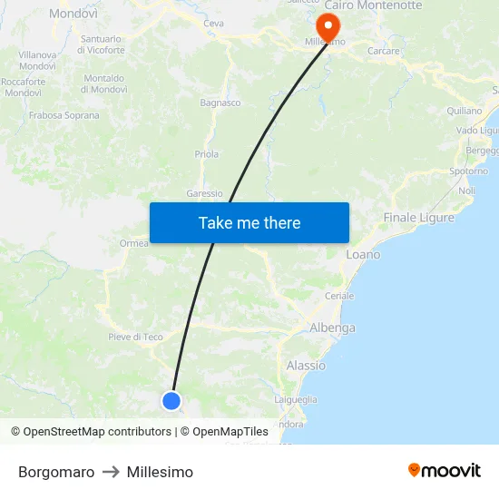 Borgomaro to Millesimo map