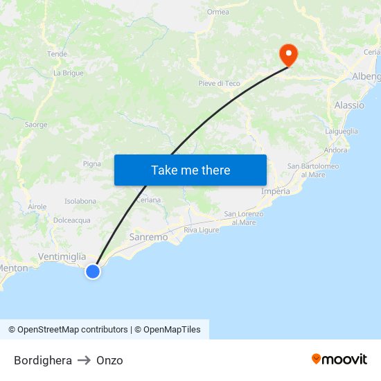 Bordighera to Onzo map