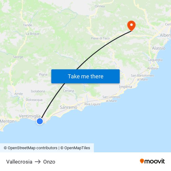 Vallecrosia to Onzo map