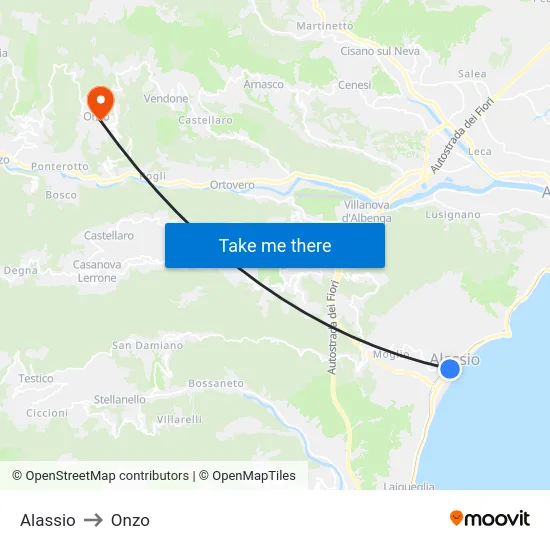 Alassio to Onzo map