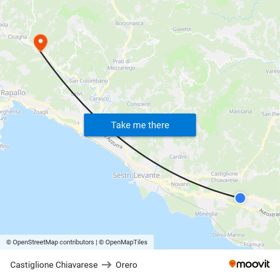 Castiglione Chiavarese to Orero map