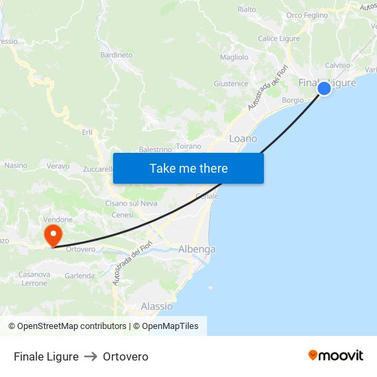 Finale Ligure to Ortovero map