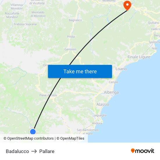 Badalucco to Pallare map