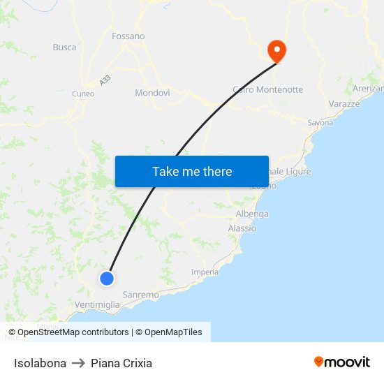 Isolabona to Piana Crixia map