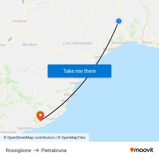 Rossiglione to Pietrabruna map