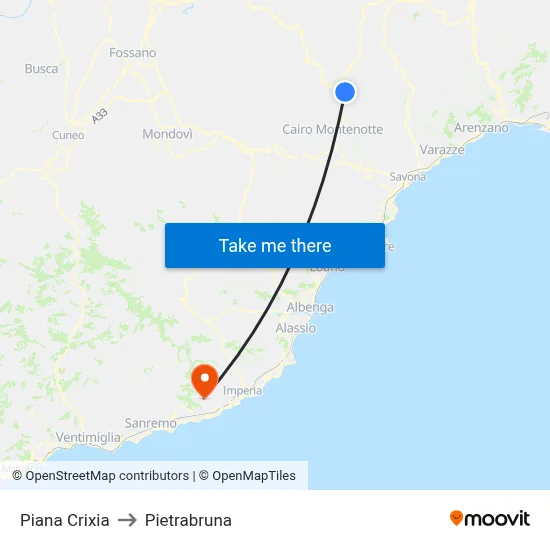 Piana Crixia to Pietrabruna map