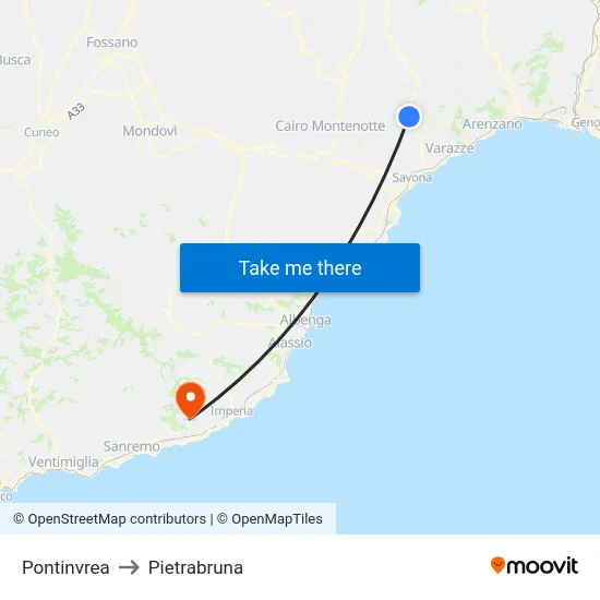 Pontinvrea to Pietrabruna map